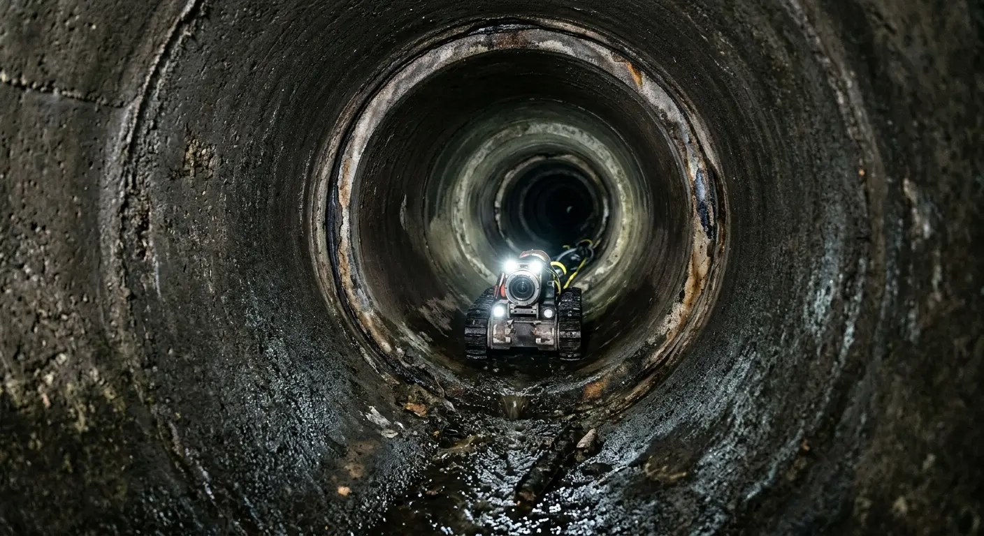 Robotic sewer camera inspecting pipe interior for Sewer Line Cleaning in Plymouth