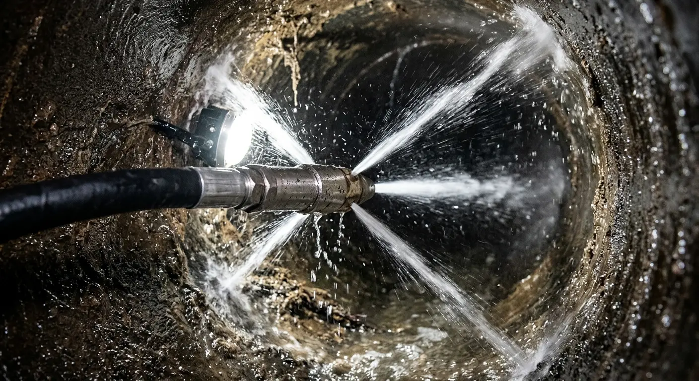 High-pressure hydro jetting nozzle cleaning sewer pipe for Emergency Drain Service in Plymouth