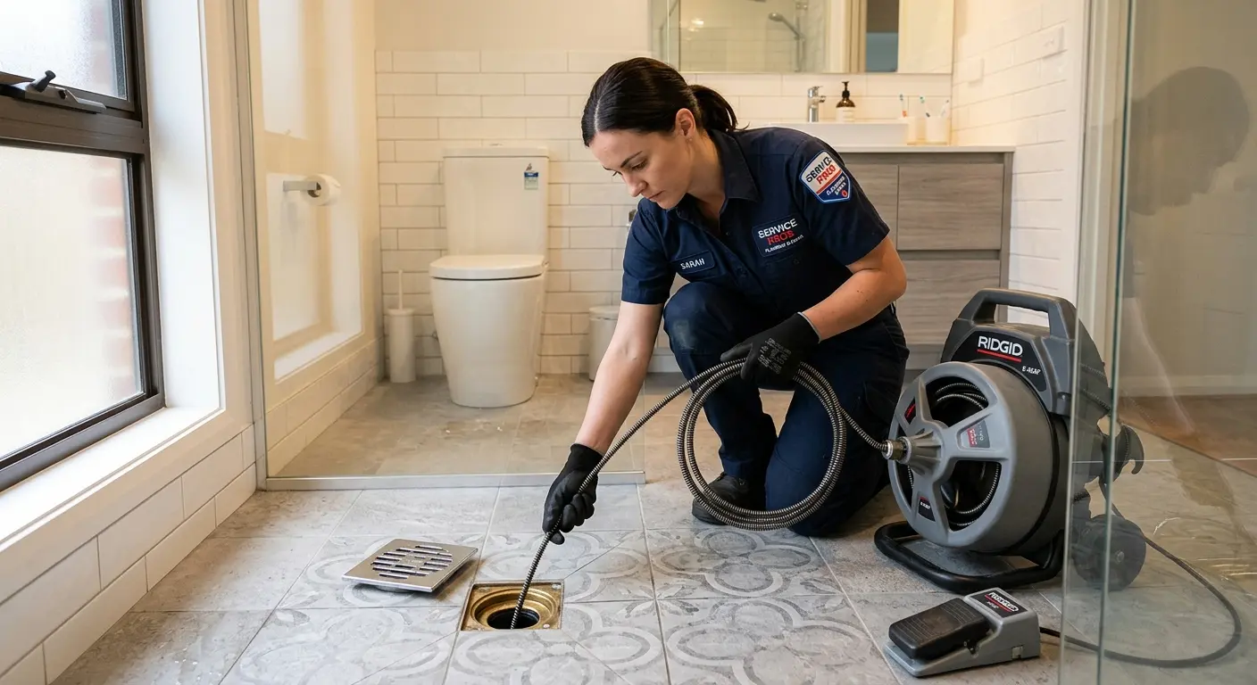 Technician clearing a bathroom floor drain for Sewer Line Replacement in Plymouth